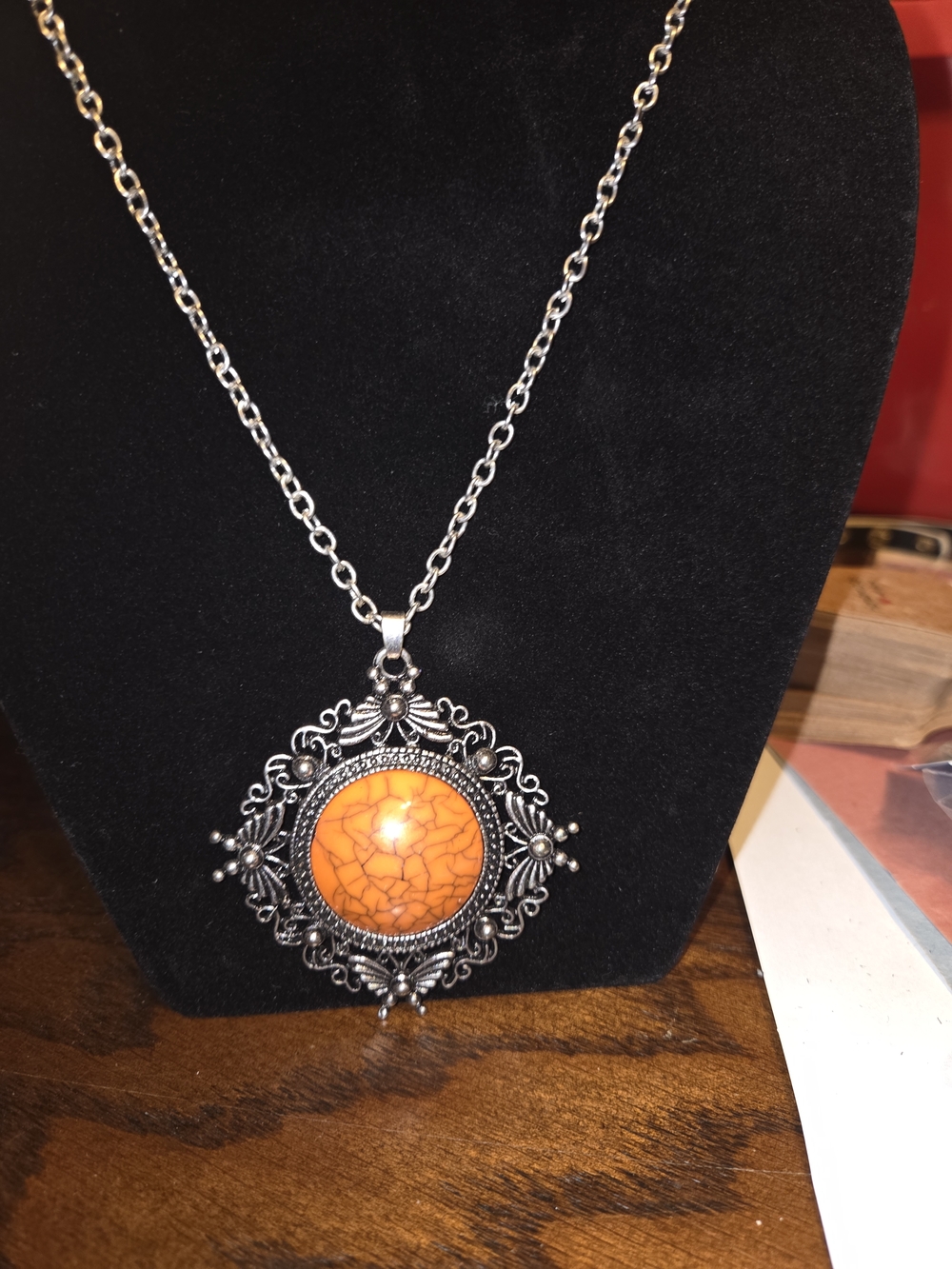 Orange Stone Filigree Pendant Necklace - Women Jewelry